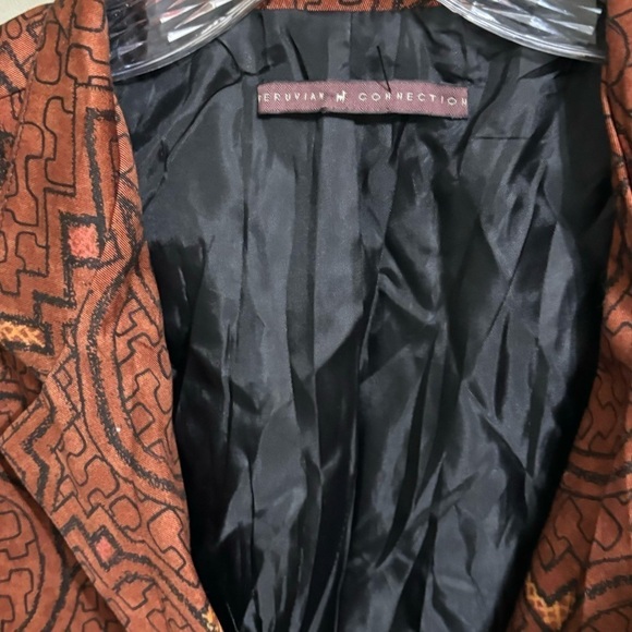 PERUVIAN CONNECTION Sz Lg Geometric Brown Long Jacket Trench - Picture 4 of 5